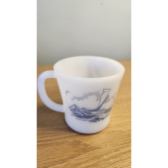 Vintage Milk Glass and Blue Yachting Boating Coffee Cup Mug Currier & Ives - Picture 3 of 5